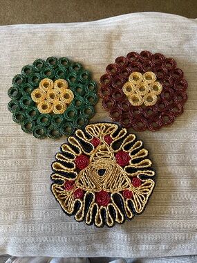 Vintage Handmade Woven Floral Trivets - Green, Burgundy, Gold